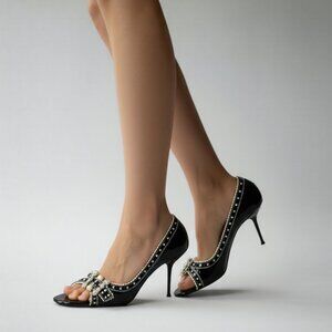 Le Silla Luxury Designer Black Leather Open Toe Crystal & Pearl Heels 38.5 8.5